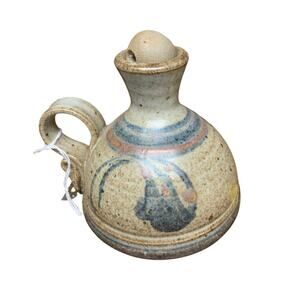 Small Signed Pottery Lantern Beige Blue Needs a Wick